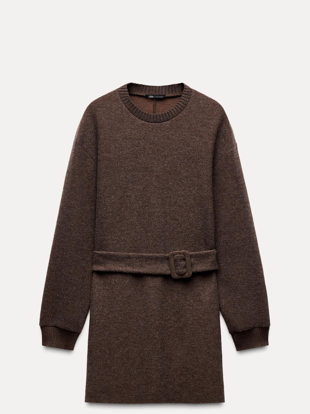 Zara Dark Brown Knit Belted Crewneck Sweater Dress